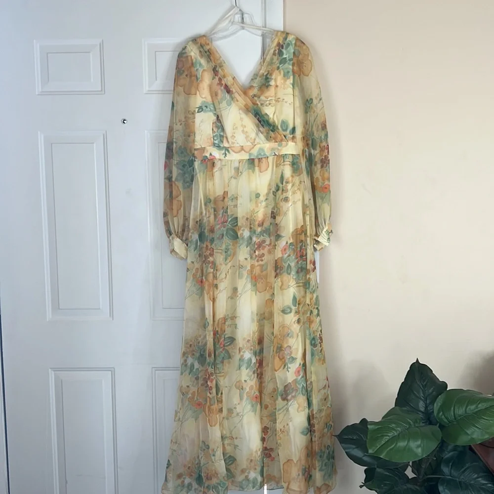 Vintage 70s Chiffon Yellow Floral Floor Length Dress Sz 14 By Union Made - Picture 4 of 16